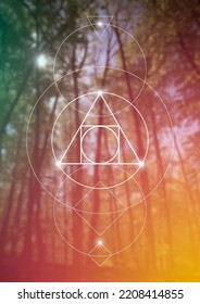 Philosopher stone. Sacred geometry spiritual new age futuristic illustration with transmutation interlocking circles, triangles and glowing particles