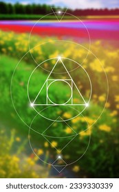 Philosopher stone. Sacred geometry spiritual new age futuristic illustration with transmutation interlocking circles, triangles and glowing particles