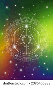 Philosopher stone sacred geometry spiritual new age futuristic illustration with transmutation interlocking circles, triangles and glowing particles in front of cosmic background