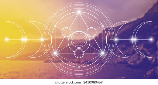 Philosopher stone. Sacred geometry spiritual new age futuristic illustration with interlocking circles, triangles and particles