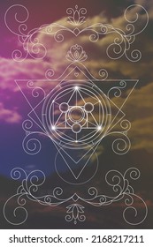 Philosopher Stone Sacred Geometry zentangle inspired design template with oriental tribal ornaments. Ornamental new age art.Meditation symbol in front of blurry nature background.