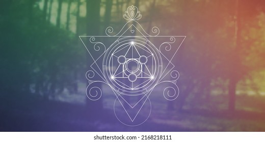 Philosopher Stone Sacred Geometry zentangle inspired design template with oriental tribal ornaments. Ornamental new age art.Meditation symbol in front of blurry nature background.