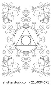 Philosopher stone sacred geometry zentangle inspired design template with oriental tribal ornaments. Black and white coloring page style ornamental new age art.