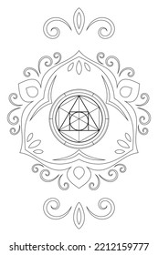 Philosopher stone. Sacred geometry zentangle inspired design template with oriental tribal ornaments. Black and white coloring book style new age art
