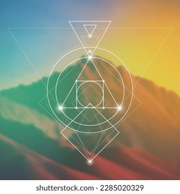 Philosopher Stone Sacred Geometry zentangle inspired design template with oriental tribal ornaments. Ornamental new age art.Meditation symbol in front of blurry nature background.