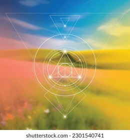 Philosopher Stone Sacred Geometry zentangle inspired design template with oriental tribal ornaments. Ornamental new age art.Meditation symbol in front of blurry nature background.