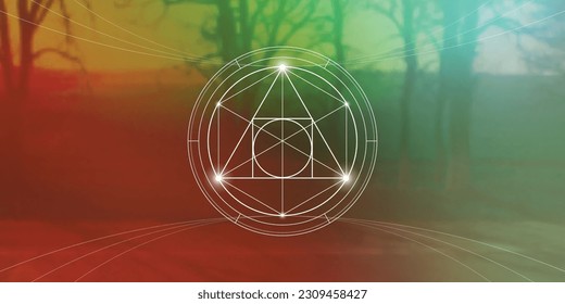 Philosopher Stone Sacred Geometry zentangle inspired design template with oriental tribal ornaments. Ornamental new age art.Meditation symbol in front of blurry nature background.