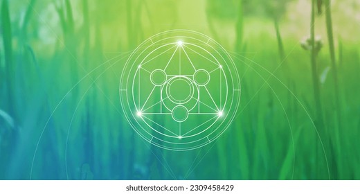 Philosopher Stone Sacred Geometry zentangle inspired design template with oriental tribal ornaments. Ornamental new age art.Meditation symbol in front of blurry nature background.