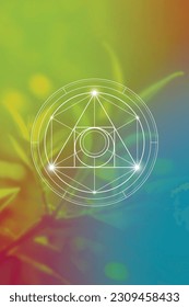 Philosopher Stone Sacred Geometry zentangle inspired design template with oriental tribal ornaments. Ornamental new age art.Meditation symbol in front of blurry nature background.