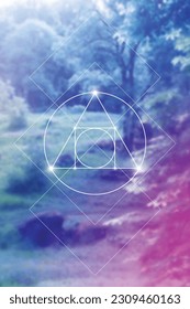 Philosopher Stone Sacred Geometry zentangle inspired design template with oriental tribal ornaments. Ornamental new age art.Meditation symbol in front of blurry nature background.