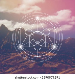 Philosopher Stone Sacred Geometry zentangle inspired design template with oriental tribal ornaments. Ornamental new age art.Meditation symbol in front of blurry nature background.