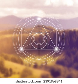 Philosopher Stone Sacred Geometry zentangle inspired design template with oriental tribal ornaments. Ornamental new age art.Meditation symbol in front of blurry nature background.