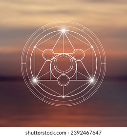 Philosopher Stone Sacred Geometry zentangle inspired design template with oriental tribal ornaments. Ornamental new age art.Meditation symbol in front of blurry nature background.