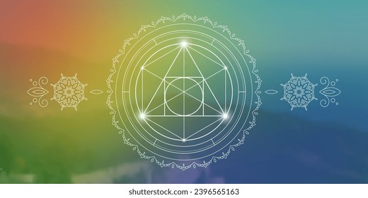 Philosopher Stone Sacred Geometry zentangle inspired design template with oriental tribal ornaments. Ornamental new age art.Meditation symbol in front of blurry nature background.