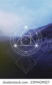 Philosopher Stone Sacred Geometry zentangle inspired design template with oriental tribal ornaments. Ornamental new age art.Meditation symbol in front of blurry nature background.