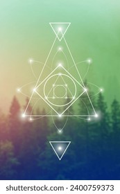 Philosopher Stone Sacred Geometry zentangle inspired design template with oriental tribal ornaments. Ornamental new age art.Meditation symbol in front of blurry nature background.