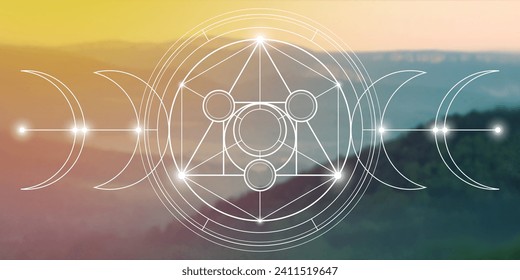Philosopher stone in triple moon. Sacred geometry wiccan design. Witchcraft sacred geometry symbol.
