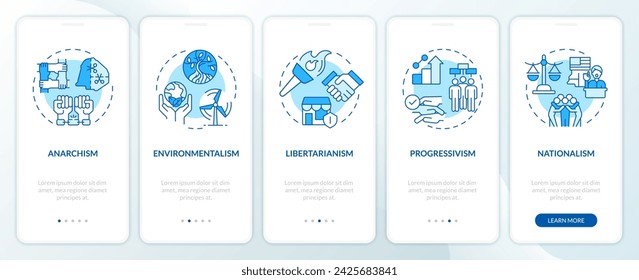 Philosophical politic ideologies blue onboarding mobile app screen. Walkthrough 5 steps editable graphic instructions with linear concepts. UI, UX, GUI template. Myriad Pro-Bold, Regular fonts used