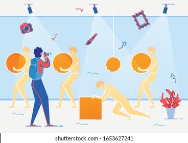 Philosophical Statues Men Carrying Round Objects and Character Pushing Cube on Floor Flat Cartoon Vector Illustration. Person Taking Photo in Modern Art Galleru or Museum. Tourist Visiting.