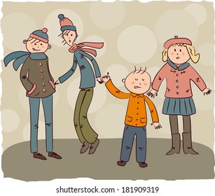 philosophizes little boy and a woman and two guys listen to him vector illustration