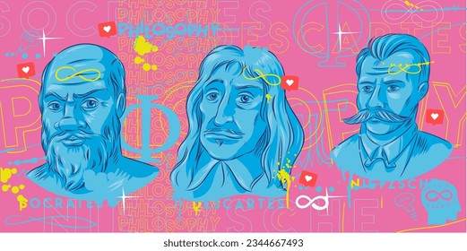 Philosophy background. Hand drawn portrait Socrates, Nietzsche, Descartes. vector illustration