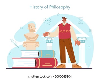 Philosophy concept. Ancient study of general and fundamental questions. Science studying conceptions and ideas about knowledge, ethics, culture. Flat vector illustration