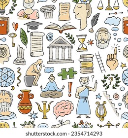 Philosophy concept art, hand-drawn philosophers and elements. Seamless pattern background for your design