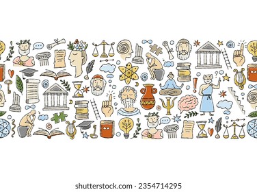 Philosophy concept art, hand-drawn philosophers and elements. Seamless pattern background for your design. Horizontal line