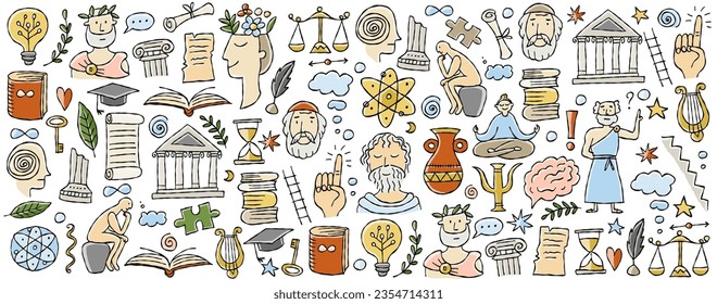 Philosophy concept art, hand-drawn philosophers and elements. Horizontal banner, background for your design