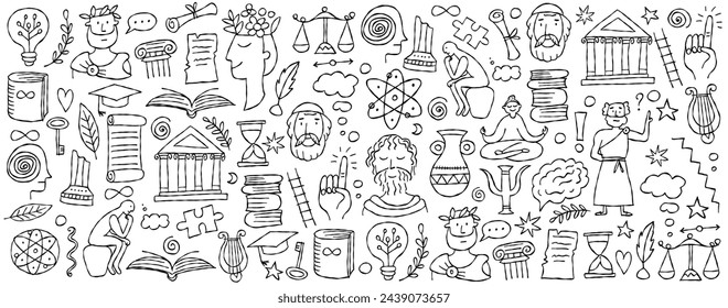 Philosophy concept art on black, hand-drawn philosophers and elements.Horizontal background for your design. Colouring page, outline style.