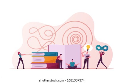 Philosophy Concept. Tiny Male and Female Characters Reading Books, Meditate and Develop Spiritual Ideas. Woman with Infinity Symbol, man with Glowing Light Bulb. Cartoon People Vector Illustration