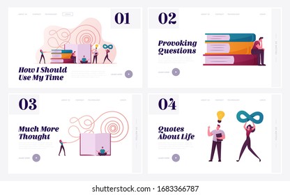 Vorlagensatz für Philosophie-Komposition und Reflektion-Landing Page. Philosophen kleine Zeichen lesen Bücher, entwickeln spirituelle Ideen. Studierende studieren an der Universität. Cartoon People Vektorillustration Illustration