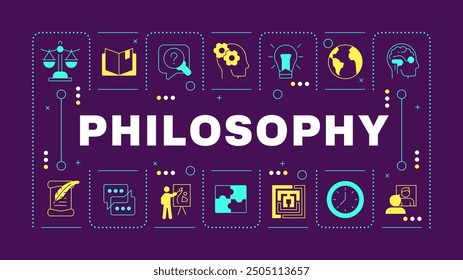 Philosophy discipline purple word concept. School subject. Critical thinking. Human existence. Visual communication. Vector art with lettering text, editable glyph icons