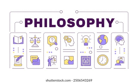 Philosophy discipline word concept on white. School subject. Critical thinking. Human existence. Creative illustration banner surrounded by editable line colorful icons