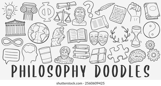 Philosophy Doodle Icons Black and White Line Art. Knowledge Clipart Hand Drawn Symbol Design.