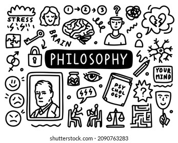 Philosophy doodle line set school university. Outline subject. Vector illustration