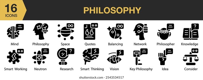 Philosophy icon set. Includes philosophy, mind, qoutes, space, neutron, vision, research, and More. Solid icons vector collection.