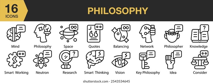 Philosophy icon set. Includes philosophy, mind, qoutes, space, neutron, vision, research, and More. Outline icons vector collection.