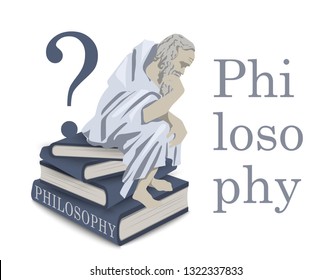 Philosophy Icon In Vector. Illustration With A Thinker Man On A Stack Of Books. Antique Sage Philosopher. Emblem, Flat Illustration.