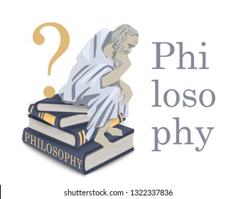 Philosophy icon in vector. Illustration with a thinker man on a stack of books. Antique sage philosopher. Emblem, flat illustration.