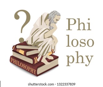 Philosophy Icon In Vector. Illustration With A Thinker Man On A Stack Of Books. Antique Sage Philosopher. Emblem, Flat Illustration.