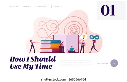 Philosophy Landing Page Template. Tiny Characters Reading Books, Meditate and Develop Spiritual Ideas. Woman with Infinity Symbol, Man with Glowing Light Bulb. Cartoon People. Vector Illustration