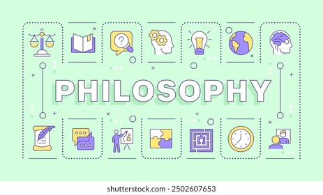 Philosophy light green word concept. School subject. Critical thinking. Human existence. Typography banner. Vector illustration with title text, editable icons color