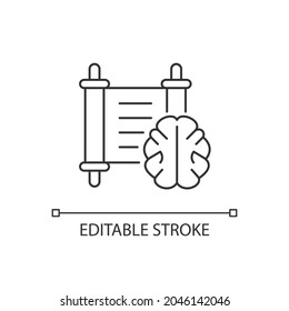 Philosophy linear icon. Brain against background of ancient manuscript. Philosophy education. Thin line customizable illustration. Contour symbol. Vector isolated outline drawing. Editable stroke