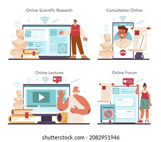 Philosophy online service or platform set. Study of general and fundamental questions. Science studying conceptions and ideas. Online consultation, forum, lecture, research. Flat vector illustration