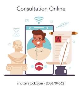 Philosophy online service or platform. Study of general and fundamental questions. Science studying conceptions and ideas. Online consultation. Flat vector illustration