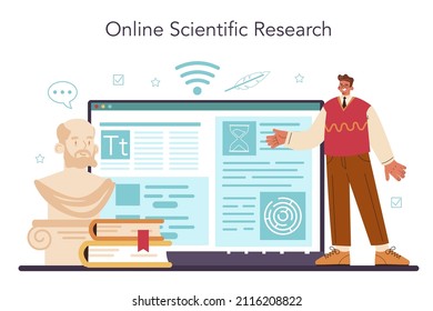 Philosophy online service or platform. Study of general and fundamental questions. Science studying conceptions and ideas. Online research. Flat vector illustration