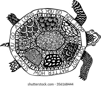 Philosophy poster. Doodle turtle.Hand drawn inspiration. Vector turtle illustration. Black and white turtle. Motivational banner. 