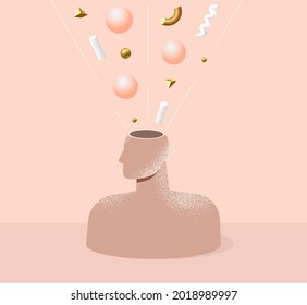 Philosophy, psychology, creativity concept. Human mind, thinking process, mental health. Abstract illustration of a head with various geometric shapes. Isolated vector illustration