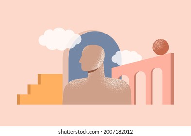 Philosophy, Psychology, Mental Health Concept. Inner World Of A Person. Minimal Abstract Illustration With Geometric Shapes And Modern Architecture. Human Mind, Brain, Thinking. Isolated Vector